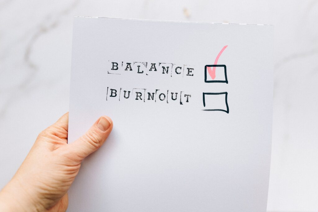 Two check boxes on a page: balance and burnout. Balance is checked off and burnout is not.